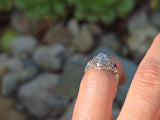 18k white gold diamond & ruby heart vintage filigree ring