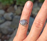 18k white gold diamond & ruby heart vintage filigree ring