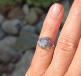 18k white gold diamond & ruby heart vintage filigree ring