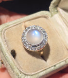 18ct gold moonstone & mine cut diamond antique halo ring