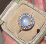 18ct gold moonstone & mine cut diamond antique halo ring