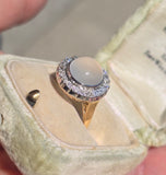 18ct gold moonstone & mine cut diamond antique halo ring