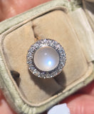 18ct gold moonstone & mine cut diamond antique halo ring