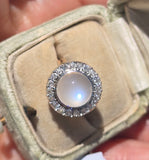18ct gold moonstone & mine cut diamond antique halo ring