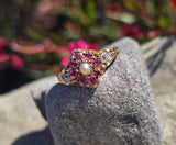 15ct gold Victorian ruby, pearl and old cut diamond ring band
