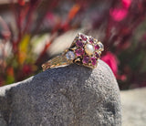 15ct gold Victorian ruby, pearl and old cut diamond ring band