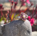 15ct gold Victorian ruby, pearl and old cut diamond ring band