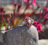 15ct gold Victorian ruby, pearl and old cut diamond ring band