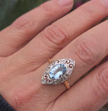 18ct & silver top two tone Deco aquamarine and diamond filigree navette antique ring