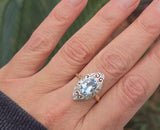 18ct & silver top two tone Deco aquamarine and diamond filigree navette antique ring