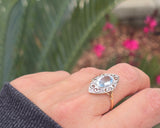18ct & silver top two tone Deco aquamarine and diamond filigree navette antique ring