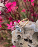 18ct & silver top two tone Deco aquamarine and diamond filigree navette antique ring