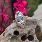 18ct & silver top two tone Deco aquamarine and diamond filigree navette antique ring