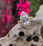 18ct & silver top two tone Deco aquamarine and diamond filigree navette antique ring