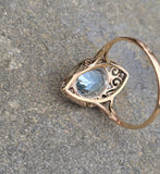 18ct & silver top two tone Deco aquamarine and diamond filigree navette antique ring