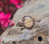 10ct gold garnet halo boarder "Tree of Life" Georgian antique ring