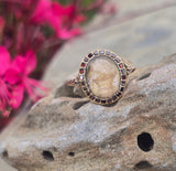 10ct gold garnet halo boarder "Tree of Life" Georgian antique ring