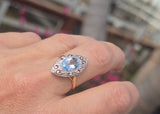 18ct & silver top two tone Deco aquamarine and diamond filigree navette antique ring