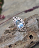18ct & silver top two tone Deco aquamarine and diamond filigree navette antique ring