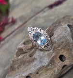 18ct & silver top two tone Deco aquamarine and diamond filigree navette antique ring