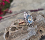 18ct & silver top two tone Deco aquamarine and diamond filigree navette antique ring
