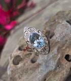 18ct & silver top two tone Deco aquamarine and diamond filigree navette antique ring