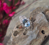 18ct & silver top two tone Deco aquamarine and diamond filigree navette antique ring
