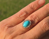 platinum Edwardian turquoise & mine cut diamond halo ring