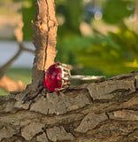 14k white gold created red ruby cabochon estate ring