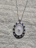 Platinum Art Deco c.1920's filigree crystal, sapphire and diamond antique pendant necklace