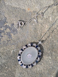 Platinum Art Deco c.1920's filigree crystal, sapphire and diamond antique pendant necklace