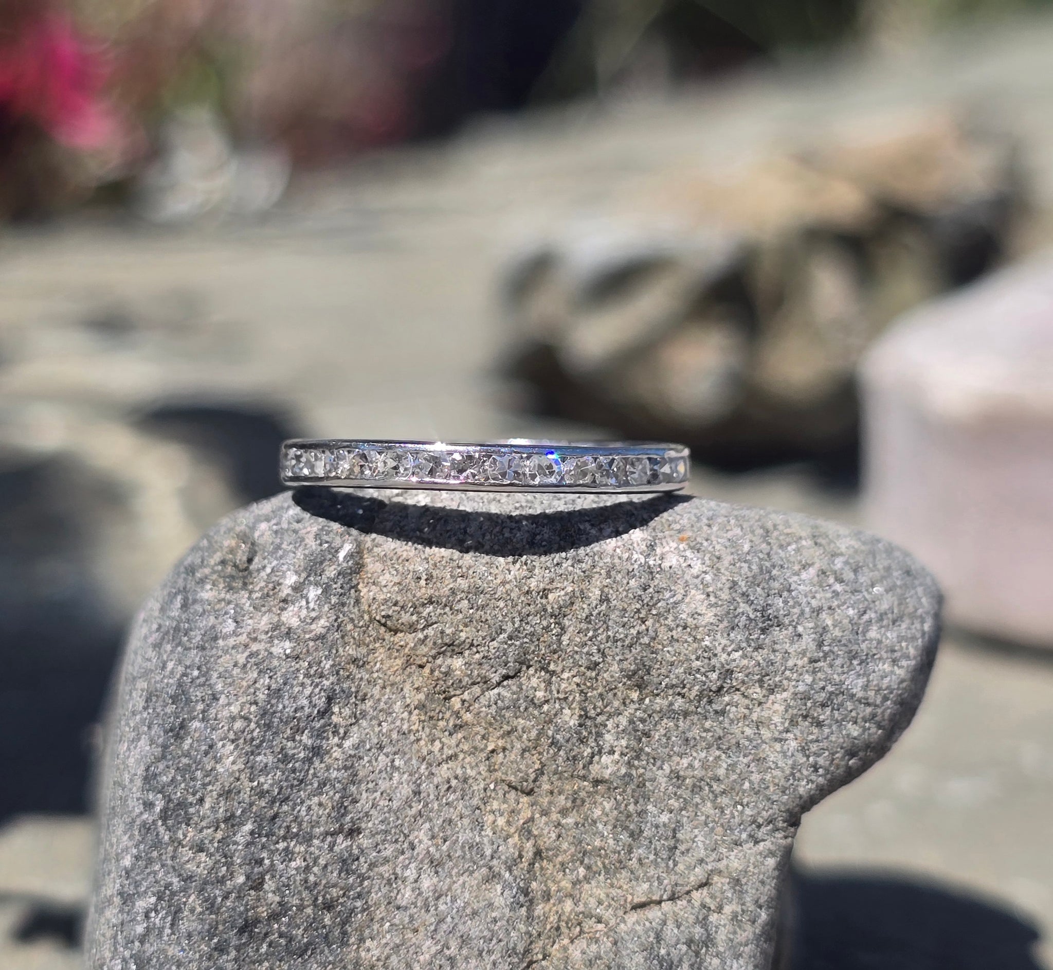 Platinum diamond channel set engraved eternity wedding stackable