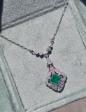 platinum Colombian emerald and diamond Art Deco c.1920's antique pendant necklace