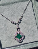 platinum Colombian emerald and diamond Art Deco c.1920's antique pendant necklace