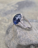 platinum Art Deco c.1920's cabochon blue sapphire and diamond antique filigree ring