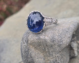 platinum Art Deco c.1920's cabochon blue sapphire and diamond antique filigree ring