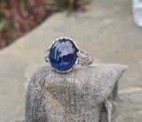 platinum Art Deco c.1920's cabochon blue sapphire and diamond antique filigree ring
