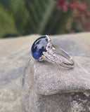 platinum Art Deco c.1920's cabochon blue sapphire and diamond antique filigree ring