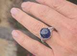 platinum Art Deco c.1920's cabochon blue sapphire and diamond antique filigree ring