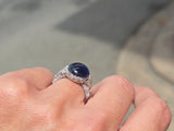 platinum Art Deco c.1920's cabochon blue sapphire and diamond antique filigree ring
