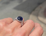platinum Art Deco c.1920's cabochon blue sapphire and diamond antique filigree ring