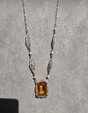 10k tri-colored gold Art Deco c.1920's citrine and pearl estate filigree pendant necklace