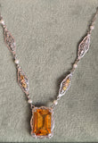 10k tri-colored gold Art Deco c.1920's citrine and pearl estate filigree pendant necklace