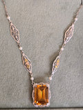 10k tri-colored gold Art Deco c.1920's citrine and pearl estate filigree pendant necklace