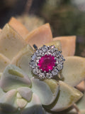 18ct white gold ruby and mine cut diamond estate halo ring