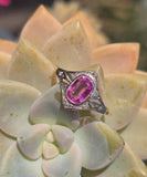 18ct - silver top two-tone pink sapphire & diamond Edwardian filigree ring