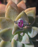 18ct - silver top two-tone pink sapphire & diamond Edwardian filigree ring