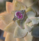 18ct - silver top two-tone pink sapphire & diamond Edwardian filigree ring