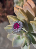 18ct white gold ruby and mine cut diamond estate halo ring