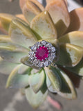 18ct white gold ruby and mine cut diamond estate halo ring